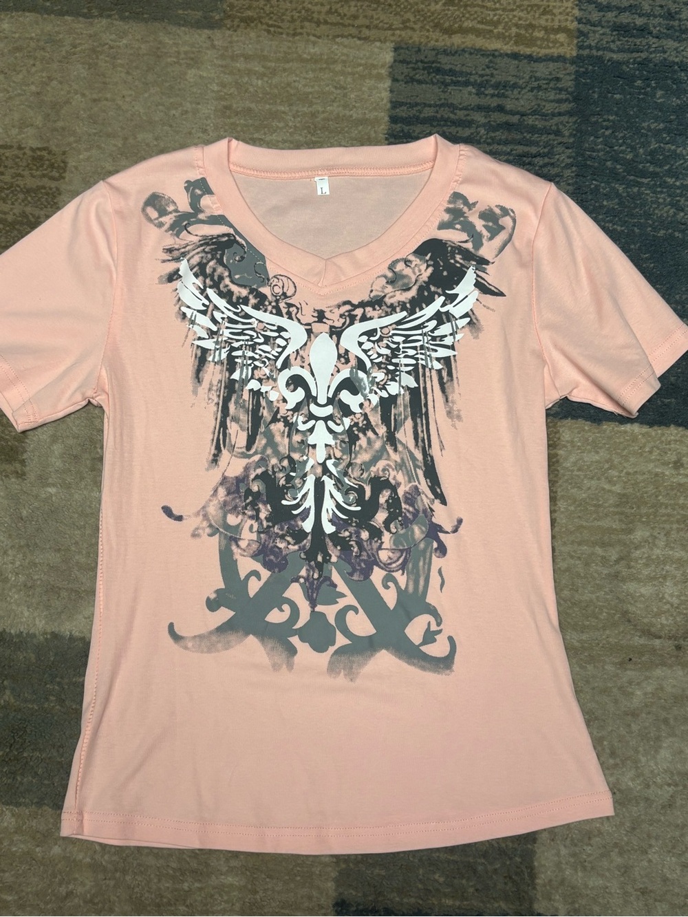 Women's Pink Graphic V-Neck Tee with Winged Fleur Design large